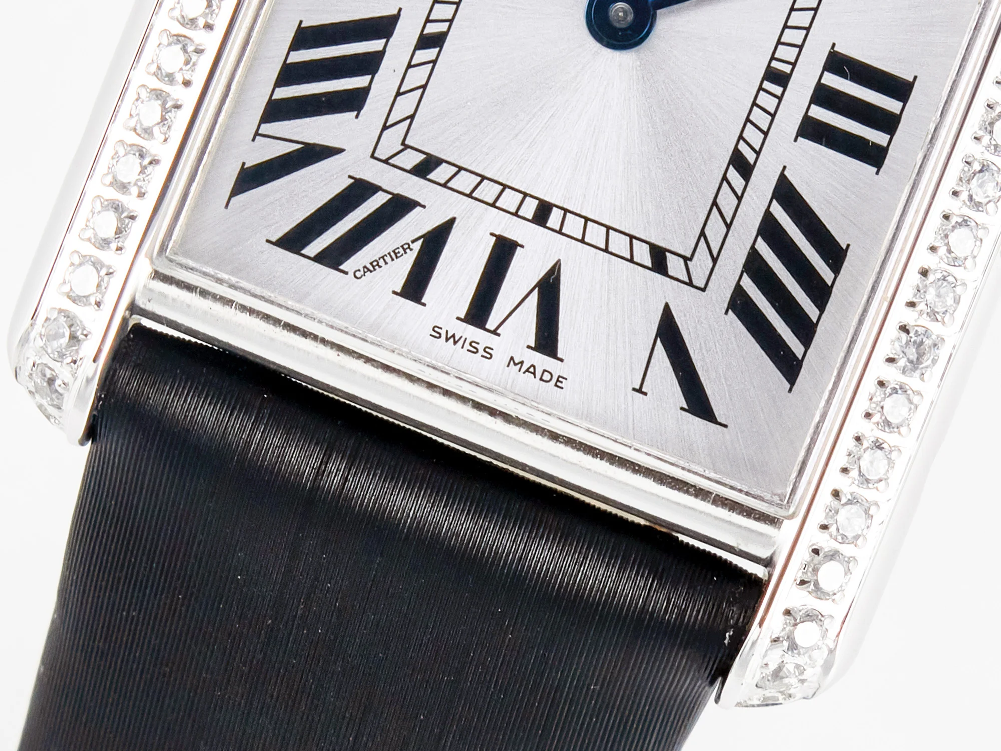 Tank Must Large SS 33.7mm DRF 1:1 Best Edition White Dial Diamonds Bezel on Black Calfskin Strap Swiss Quartz