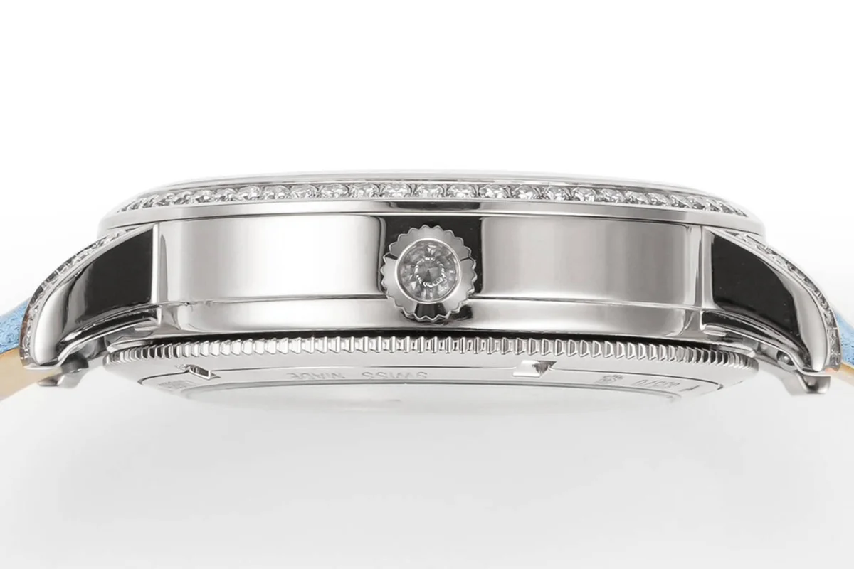 Traditionelle Moon Phase Blue MOP Dial with Diamond Bezel in White Gold on Blue Leather Strap