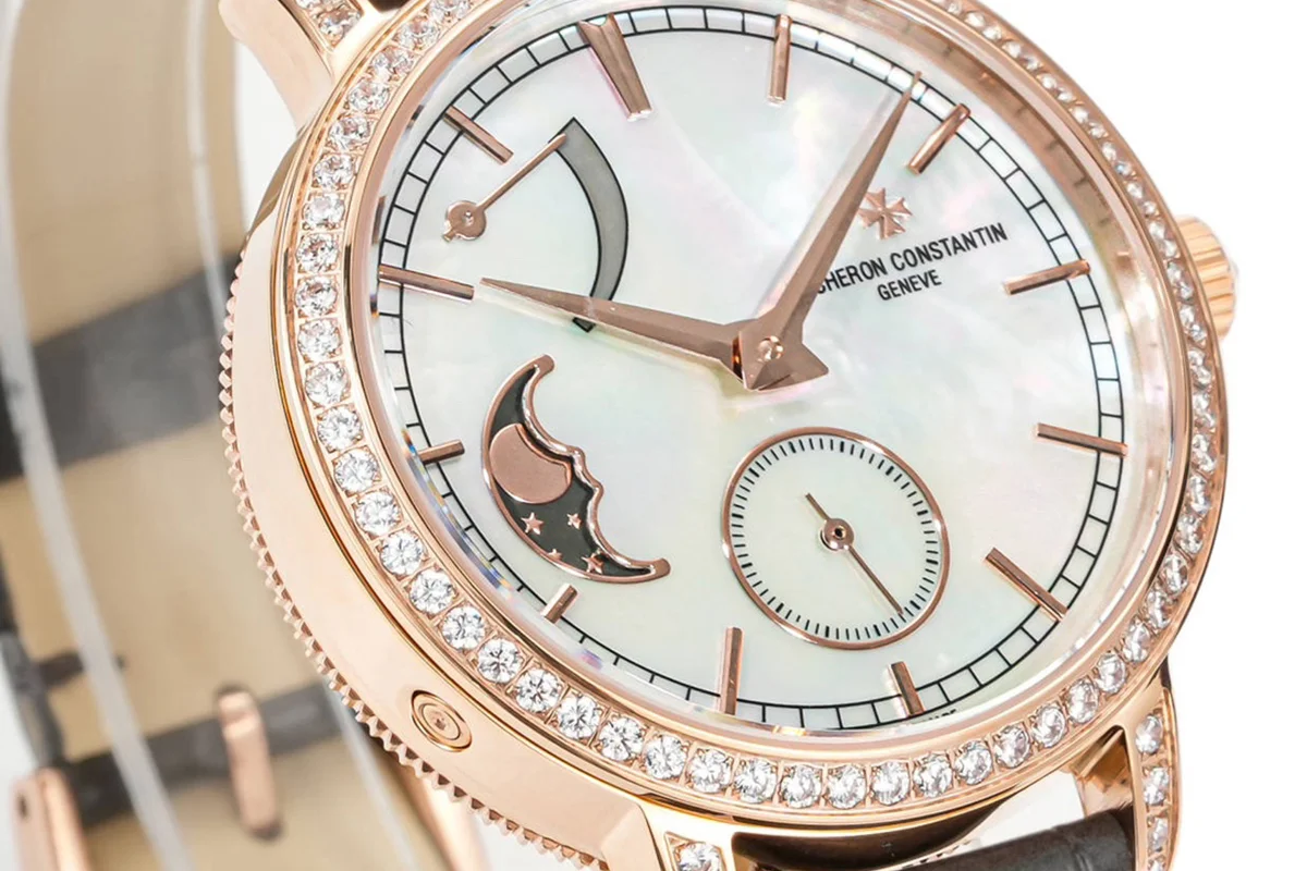 Traditionelle Moon Phase MOP Dial with Diamond Bezel in Pink Gold on Black Leather Strap