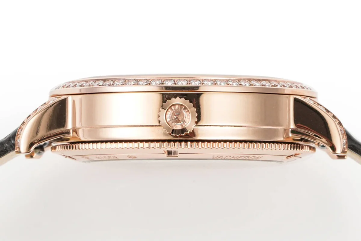 Traditionelle Moon Phase MOP Dial with Diamond Bezel in Pink Gold on Black Leather Strap