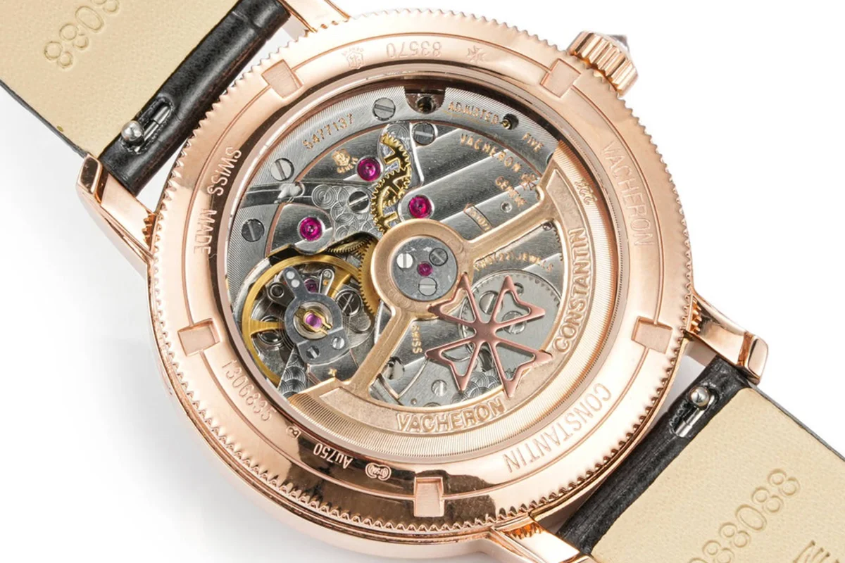 Traditionelle Moon Phase MOP Dial with Diamond Bezel in Pink Gold on Black Leather Strap