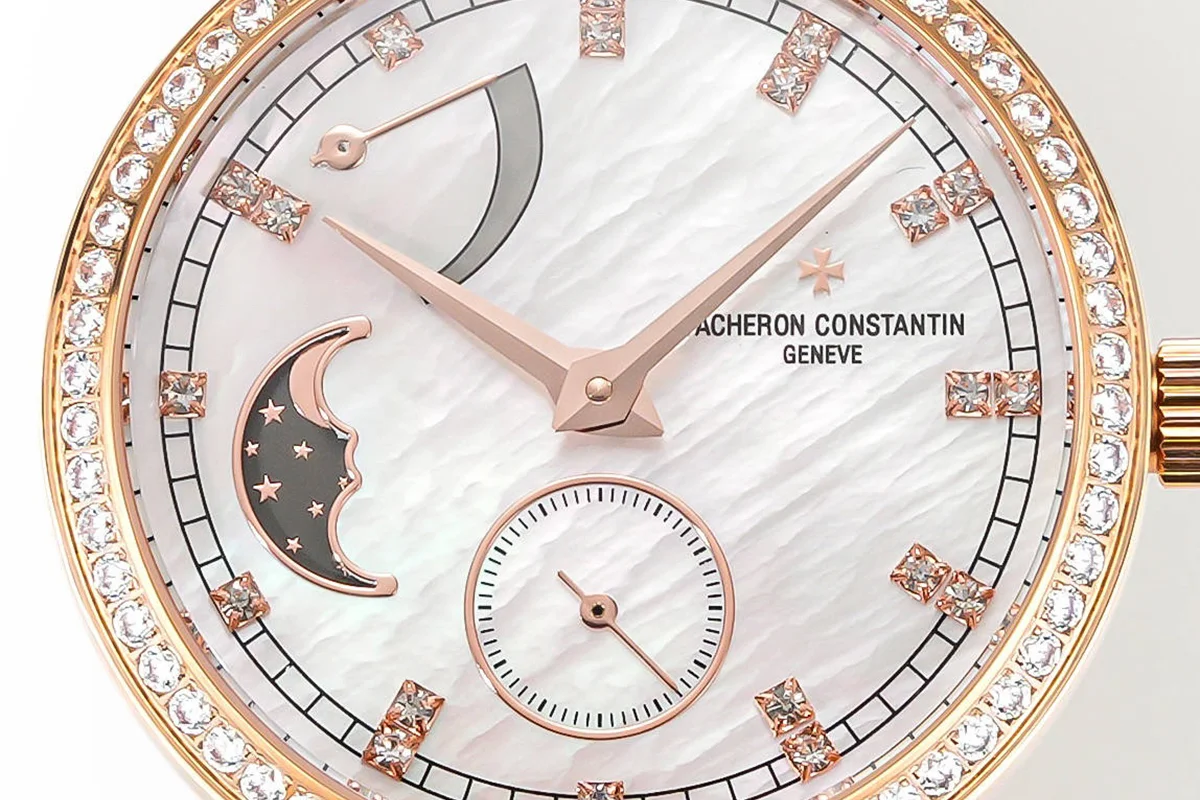 Traditionelle Moon Phase MOP Dial with Diamond Bezel in Pink Gold on Red Leather Strap