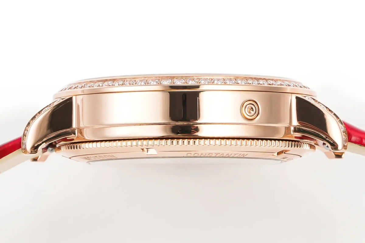 Traditionelle Moon Phase MOP Dial with Diamond Bezel in Pink Gold on Red Leather Strap