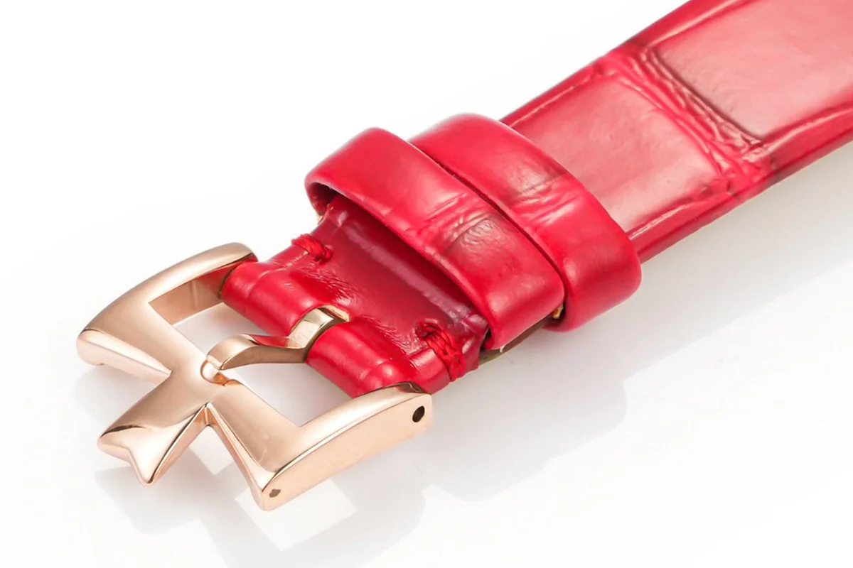 Traditionelle Moon Phase MOP Dial with Diamond Bezel in Pink Gold on Red Leather Strap