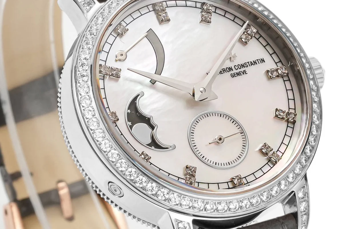 Traditionelle Moon Phase MOP Dial with Diamond Bezel in White Gold on Brown Leather Strap