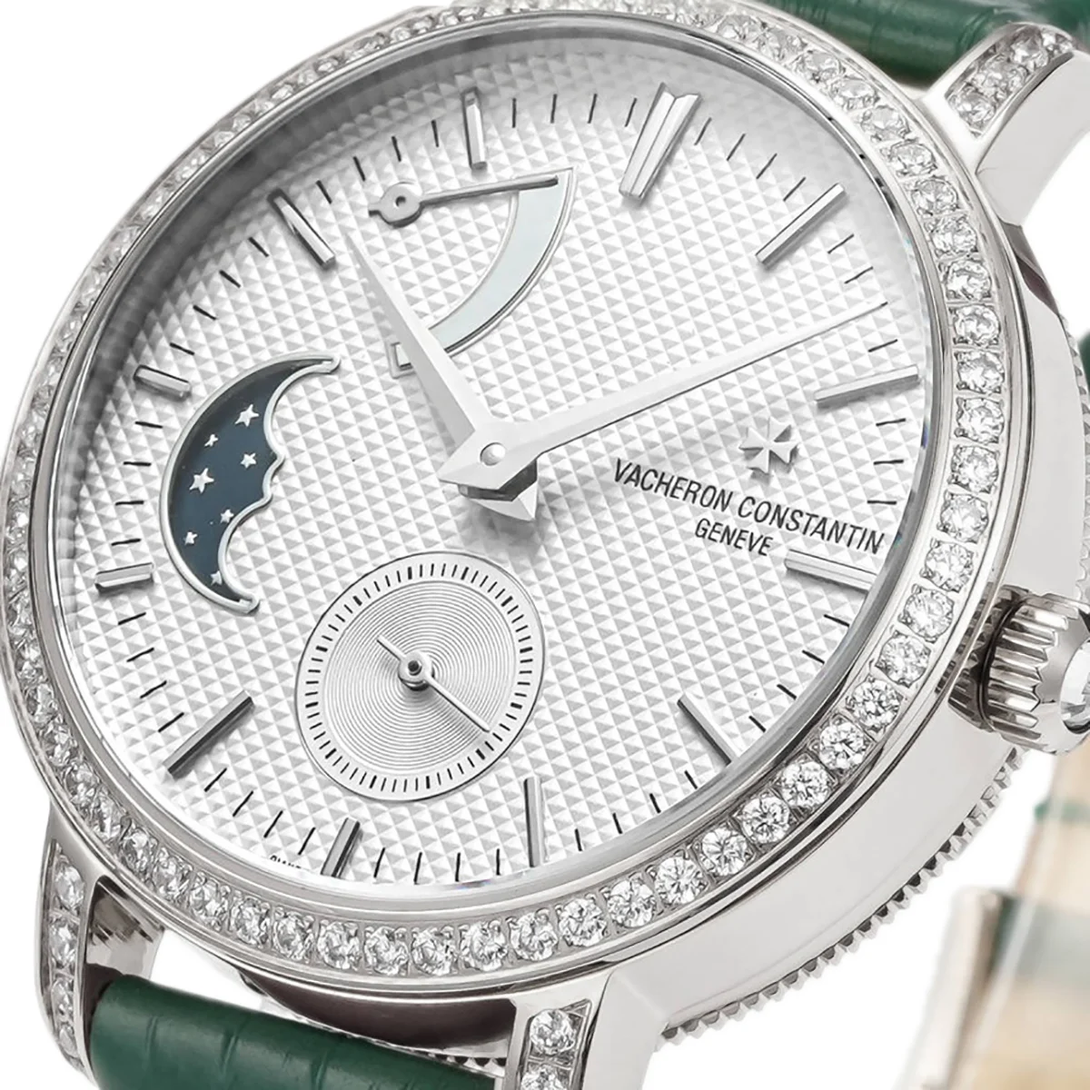 Traditionelle Moon Phase White Dial with Diamond Bezel in White Gold on Green Leather Strap