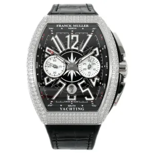 Vanguard V45 Chronograph Black/White Dial with White Marker and Diamond Bezel in Steel on Leather Strap