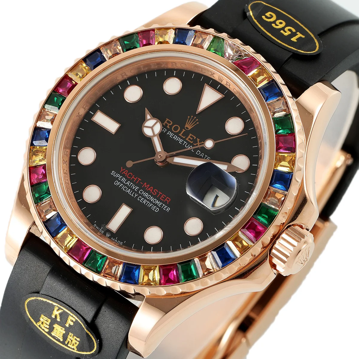 Yacht Master 40 Black Dial with Rainbow Diamond Bezel in Rose Gold
